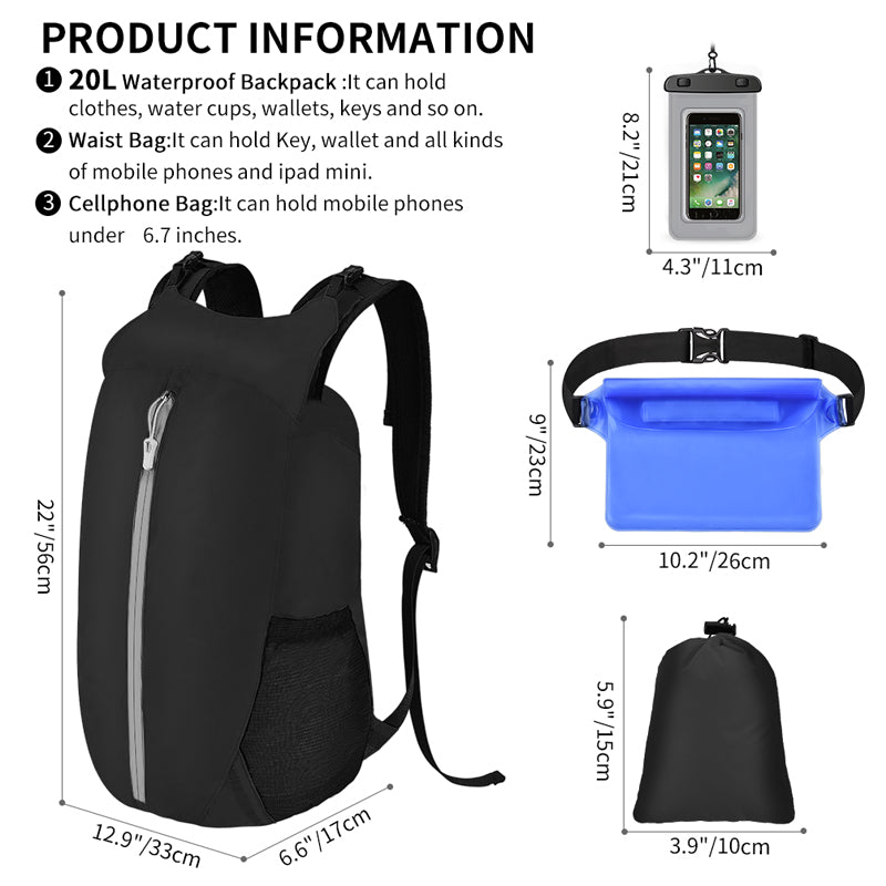 Load image into Gallery viewer, 20L Waterproof Backpack Roll Top Dry Bag Set for Kayaking Boating
