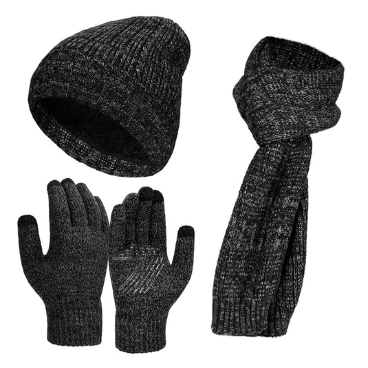Adult Thermal Wool Knitting Hat Scarf Knitted Gloves Set Couple Men Women Warm Touchscreen Windproof Cycling Anti-Slip Mittens
