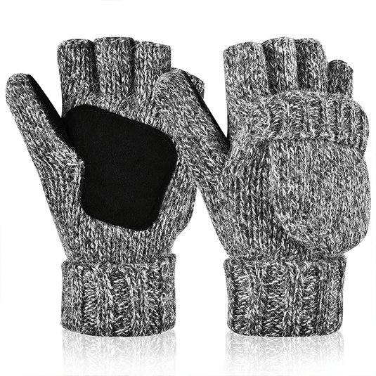 Adults Wool Knitting Winter Gloves Fingerless Convertible Wool Men Women Mittens Lightweight