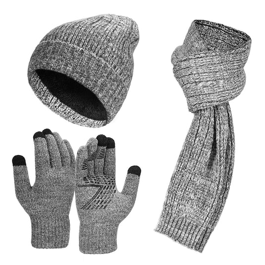 Adult Thermal Wool Knitting Hat Scarf Knitted Gloves Set Couple Men Women Warm Touchscreen Windproof Cycling Anti-Slip Mittens