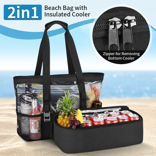 Large Capacity Mesh Beach Bag with Insulated Cooler